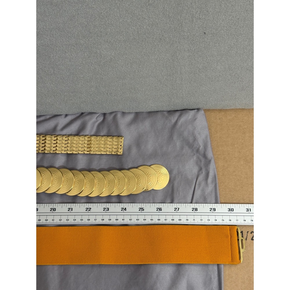 Vintage Gold Tone Metal Coin Scale Link and‎ Mustard Yellow Elastic Belt Set 3pc - Picture 8 of 16